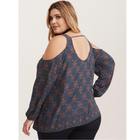 TORRID PLUS SIZE 2 GEO PRINT GAUZE COLD SHOULDER BLOUSE INDIGO BLUE & ORANGE TOP - Picture 3 of 6